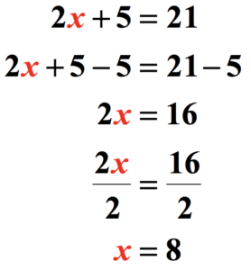the complete step-by-step solution to the two-step linear equation 2x+5=21. solving it,we have 2x+5=21 → 2x+5-5=21-5 → 2x=16 → (2x)/2=16/2 → = x=8