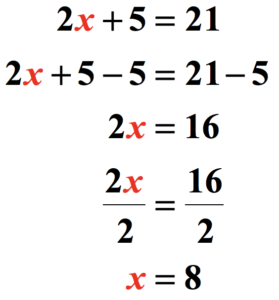 the complete step-by-step solution to the two-step linear equation 2x+5=21. solving it,we have 2x+5=21 → 2x+5-5=21-5 → 2x=16 → (2x)/2=16/2 → = x=8