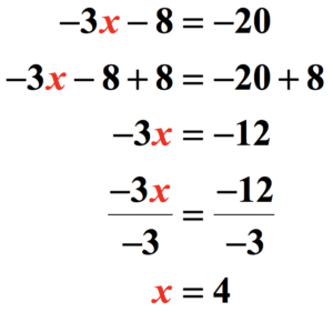 this is a complete step by step solution to the equation -3x-8=-20. these are the steps: -3x-8=-20 → -3x-8+8=-20+8 → -3x=-12→ x=4