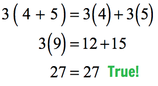 (3)(4+5) =  +  --> (3)(9)=(12)+(15) --> 27=27