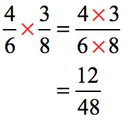the dividend, 4/6, multiplied to 3/8 which is the reciprocal of the divisor. thus, we have (4/6)(3/8) = / = 12/48.