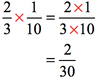 we multiply the dividend 2/3 by the reciprocal of the whole number 10 which is 1/10. now we get (2/3)(1/10) = / = 2/30.