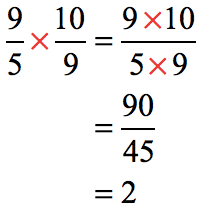 we multiply the dividend, 9/5, by the reciprocal of the divisor which is 10/9. we can write this as (9/5)(10/9)= / = 90/45 = 2.