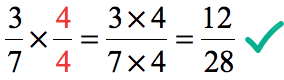 multiplying both the numerator and denominator of 2/7 by 4 we get 12/28. that means 3/7 is equivalent to 12/28.