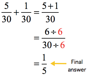 (5/30) + (1/30) = (5+1)/30 = 6/30. To reduce 6/30 to its simplest form, we divide the numerator and denominator by 6 to get the final answer of 1/5.