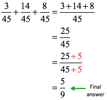 (3/45) + (14/45) + (8/45) = (3+14+8)/45 = 25/45. To reduce 25/45 to its simplest form, we divide both the numerator and denominator by 5 to get the final answer of 5/9.