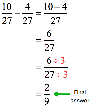 (10/27) - (4/27) = (10-4)/27 = 6/27. To reduce 6/27 to its simplest form, we divide the top and bottom numbers by the greatest common divisor which is 3, to get the final answer of 2/9.