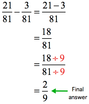 (21/81) - (3/81) = (21-3)/81 = 18/81. Divide both the numerator and denominator by 9 to reduce 18/81 to its simplest form. In doing so, we get 2/9 as the final answer.