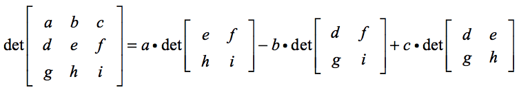 the formula to find the determinant of a square matrix (3x3) is determinant of [a,b,c;d,e,f;g,h,i] = a times the determinant of [e,f;h,i] minus b times the determinant of [d,f;g,i] plus the c times the determinant of [d,e;g,h]