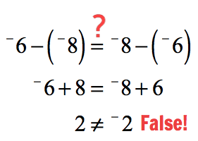 (-6)-(-8) = (-8)-(-6) --> (-6)+8 = (-8)+6 --> 2 ≠ (-2)