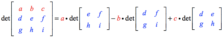 determinant av matrise a = beregnes som determinant av A = Det (A) = det = en ganger determinant av matrise minus b ganger determinant av matrise + c ganger determinant av .