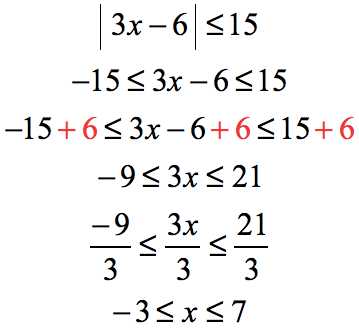 |3x-6| ≤ 15 → -15 ≤ 3x - 6 ≤ 15 → -15+6 ≤ 3x-6+6 ≤ 15+6 → -9 ≤ 3x ≤ 21 → (-9/3) ≤ (3x/3) ≤ (21/3) → -3 ≤ x ≤ 7