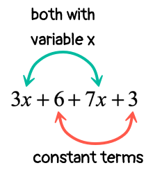 in 3x+6+7x+3, 3x and 7x are like terms because they have the same variable "x". in the same manner, 6 and 3 are like terms since they are constants. 
