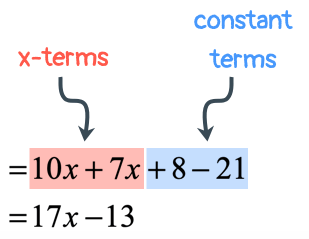 after multiplying the outer terms to the inner terms, we can now combine like terms which are the x-terms together as well as the constant terms. therefore, we have -2(-5x-4)+7(x-3) = 10x+7x+8-21 = 17x-13.