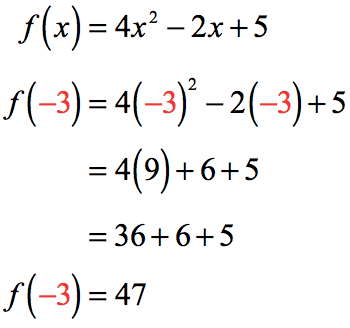 evaluate f(x) with x=-3. we have f(-3)=4(-3)^2-2(-3)+5=4(9)+6+5=36+6+5=47. The final answer is f(-3)=47.