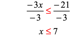 (-3x/-3) ≤ (-21/-3) → x ≤ 7