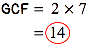 we then multiply the common factors of 70 and 126 which are 2 and 7, to find the greatest common factor. we have GCF = 2×7 = 14. 