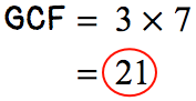 the common factors are 3 and 7 which we will multiply together to find the GCF. therefore, GCF = 3×7 = 21.