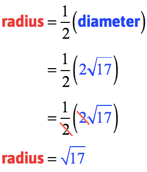 radius = (1/2) [2 sqrt(17)] = sqrt(17). 
