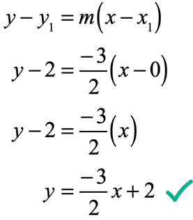 y-ysub1 = m(x-xsub1) → y-2 = (-3)/2[x-0] → y = (-3/2)x+2