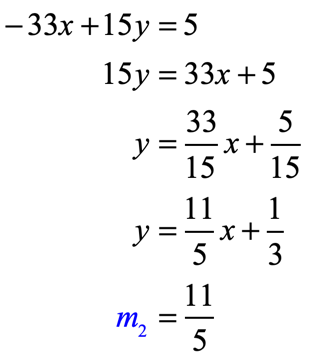 -33x+15y = 5 → 15y = 33x+5 → msub2 = 11/5