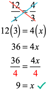 12/x = 4/3 → x=9