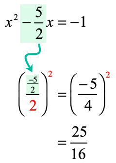 The quantity negative 5 over 2, divide by two, raised to the second power is equal to 25 over 16.