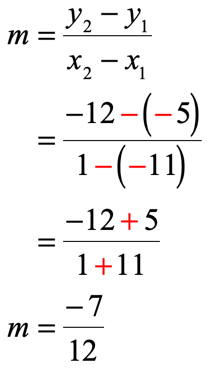 m=(y sub 2 minus y sub 1) divided by (x sub 2 minus x sub 1) = [(-12-(-5)]/[1-(-5)] = (-12+5)/(1+11) = -7/12