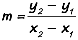the formula to find the slope of a line is the ratio of the difference of the y-coordinates and the difference of the x-coordinates. In an equation, we have m=(y sub2 - y sub 1)/(x sub2 - x sub1).