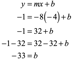 substituting the values, we obtain y=mx+b → -1=-8(-4)+b → -1=32+b → -1-32=32-32+b → -33=b