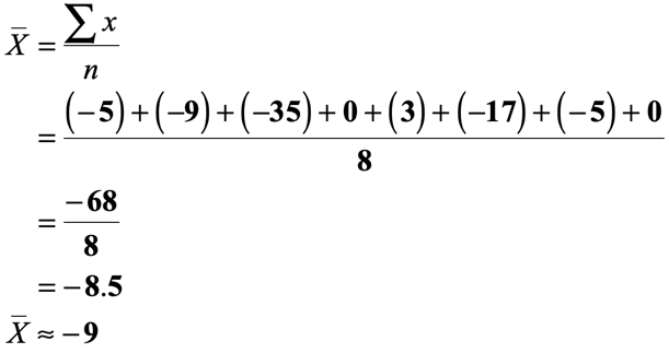 average = [(-5)+(-9)+(-35)+0+3+(-17)+(-5)+0]/8 = -68/8 = -8.5

