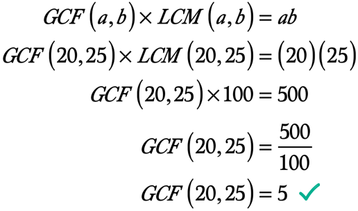 GCF(20,25)=500/100=5