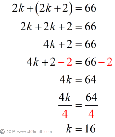 2k+(2k+2)=66 implies k=16