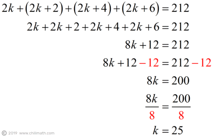 2k+(2k+2)+(2k+4)+(2k+6)=212 implies k=25