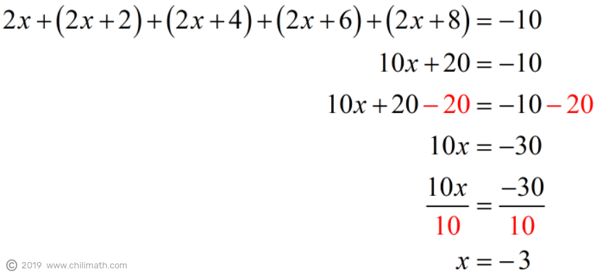 2x+(2x+2)+(2x+4)+(2x+6)+(2x+8)=-10 implies x=-3