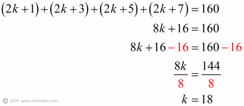 (2k+1)+(2k+3)+(2k+5)+(2k+7)=160 ->k=18