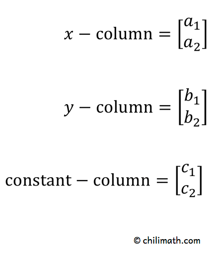 2x1 matrices of columns x, y and constant