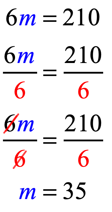 6m=210 → (6m)/6 = (210)/6 → m =35