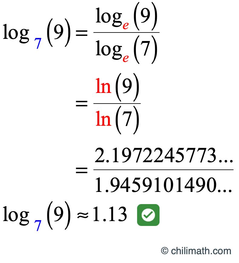 log base 7 of 9 is approximately equal to 1.13