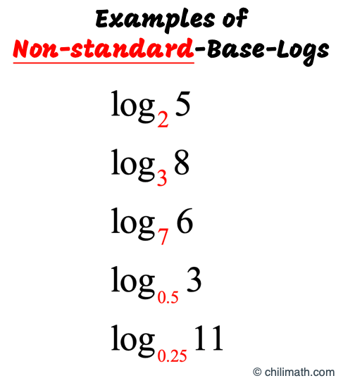 examples of logarithms using non-standard bases are log base 2 of 5, log base 3 of 8, log base 7 of 6, log base 0.5 of 3 and log base 0.25 of 11