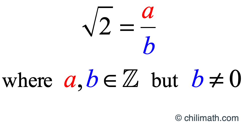 square root of 2 is a/b such that a and b are elements of the set of integers however b cannot equal to zero