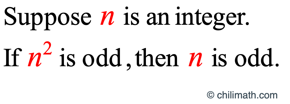 Theorem: Assume n is an integer. Suppose n is an integer. If n^2 is odd, then n is odd.