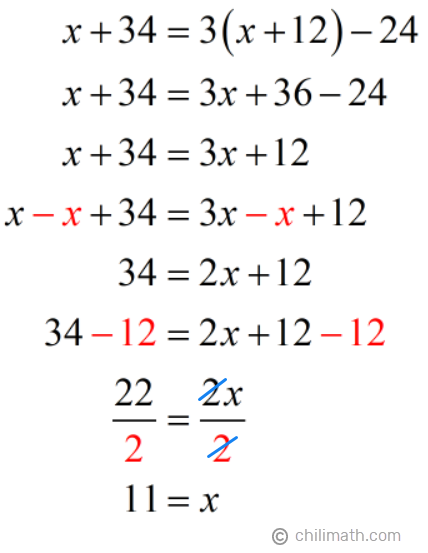 x+34=3(x+12)-24  → x=11
