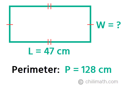 L = 47 cm, P = 128 cm, and W is unknown.