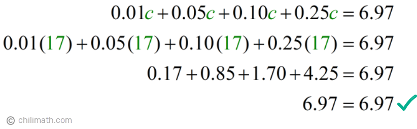 0.01(17)+0.05(17)+0.10(17)+0.25(17)=6.97