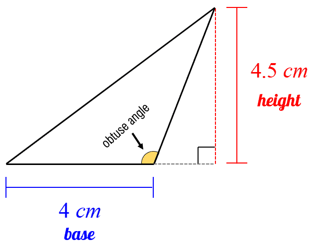 An obtuse triangle with a base of 4 cm and an external height of 4.5 cm