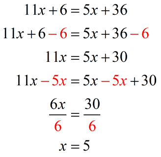 11x plus 6 equal to 5x plus 36; x is equal to 5