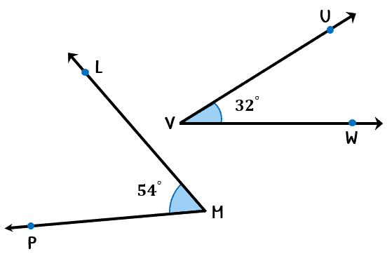 Two non-adjacent angles, angle LMP measures 54 degrees and angle UVW measures 32 degrees.