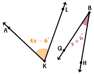 Angle AKL measures 4x-6 degrees and angle QBH measures x+6 degrees