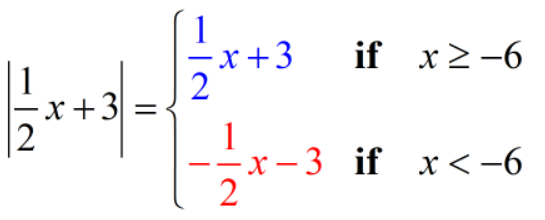 (1/2)x+3 if x>=-3; -(1/2)x-3 if x<-6